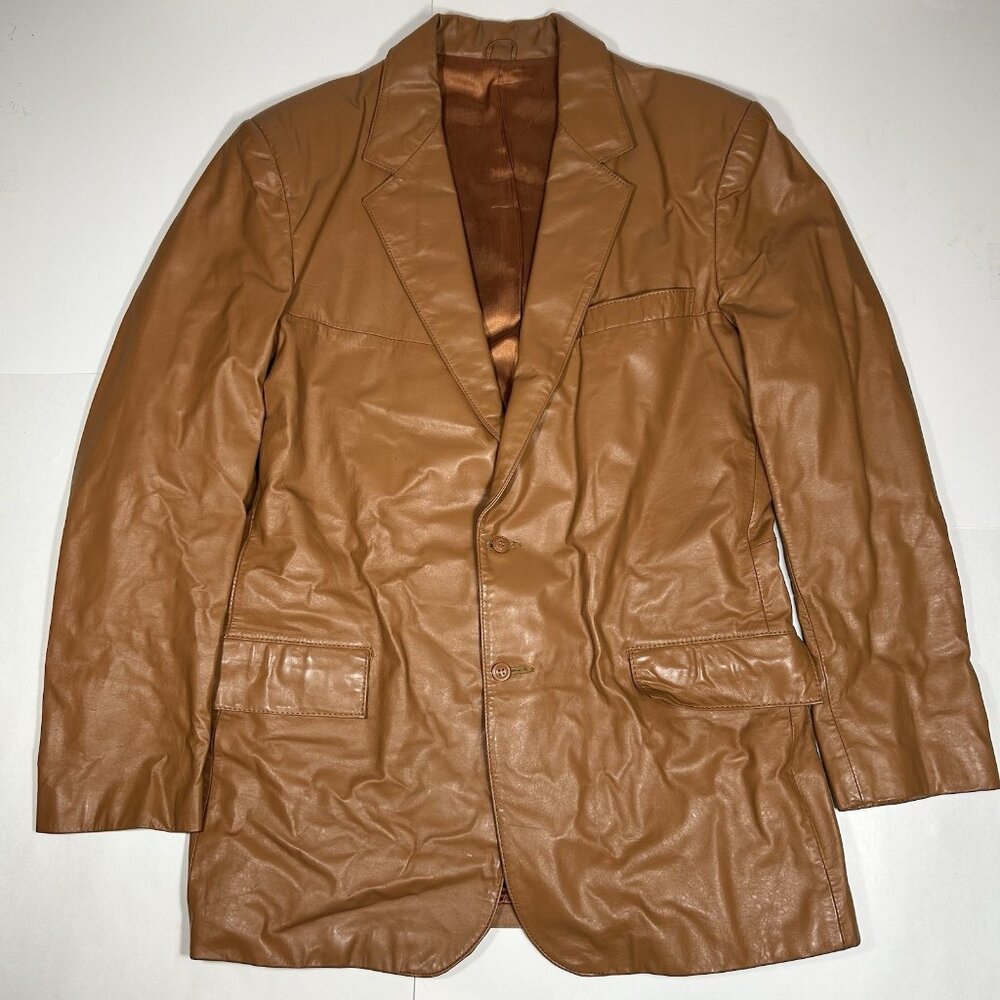 Vtg 80s Clipper Mist Men Blazer Jacket 100% Leather Lined Soft Brown Sz 42 Long